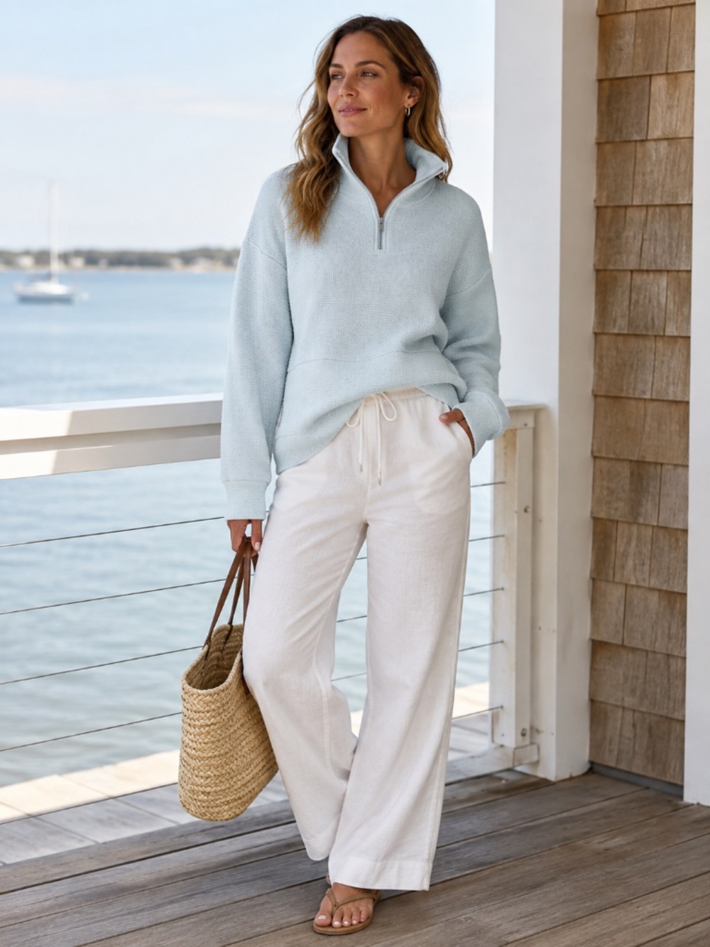 Calia boxy slouchy oversize funnel neck sweater crinkle cotton blend S coastal